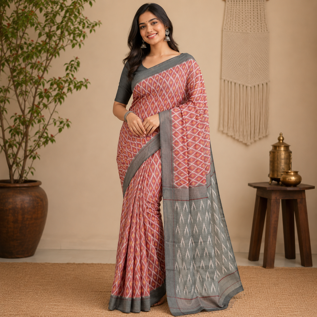 ONION PINK IKAT PRINT SAMBALPURI HANDLOOM COTTON SAREE