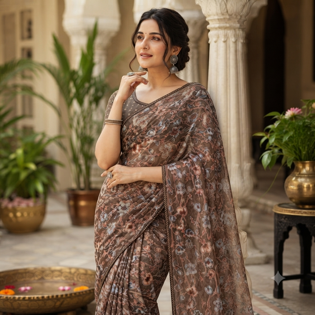 COFFEE BROWN PRINTED GEORGETTE SAREE
