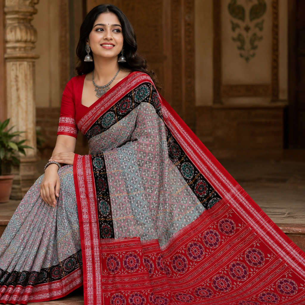 POWDER BLUE SAMBALPURI HANDLOOM COTTON SAREE