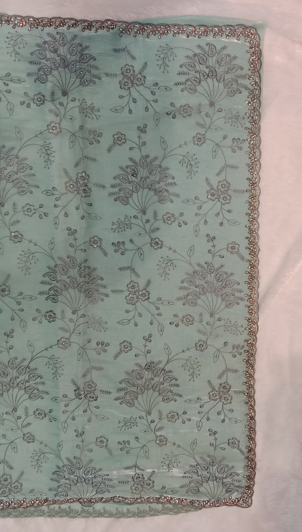 POWDER BLUE GREEN ORGANZA TISSUE SAREE