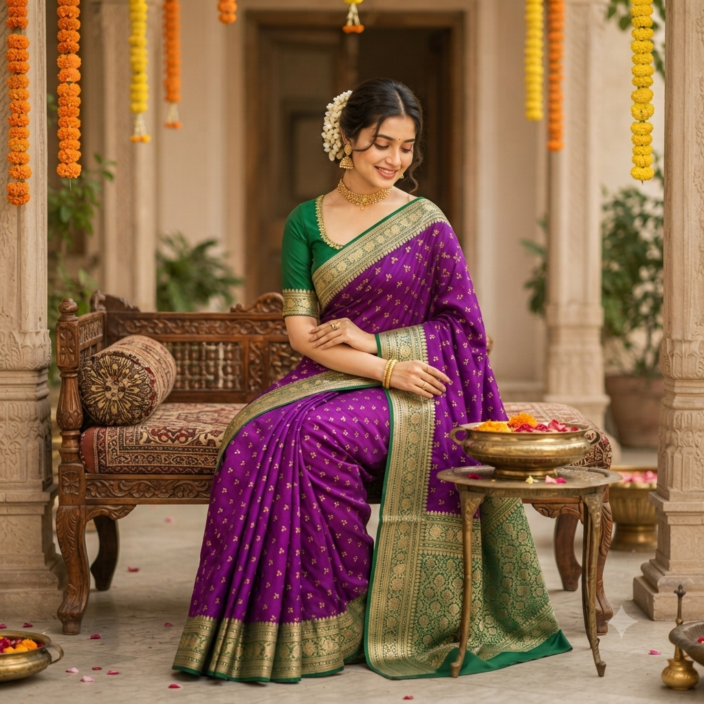 BAINGANI PURPLE EMERALD GREEN KANCHIPURAM SILK SAREE