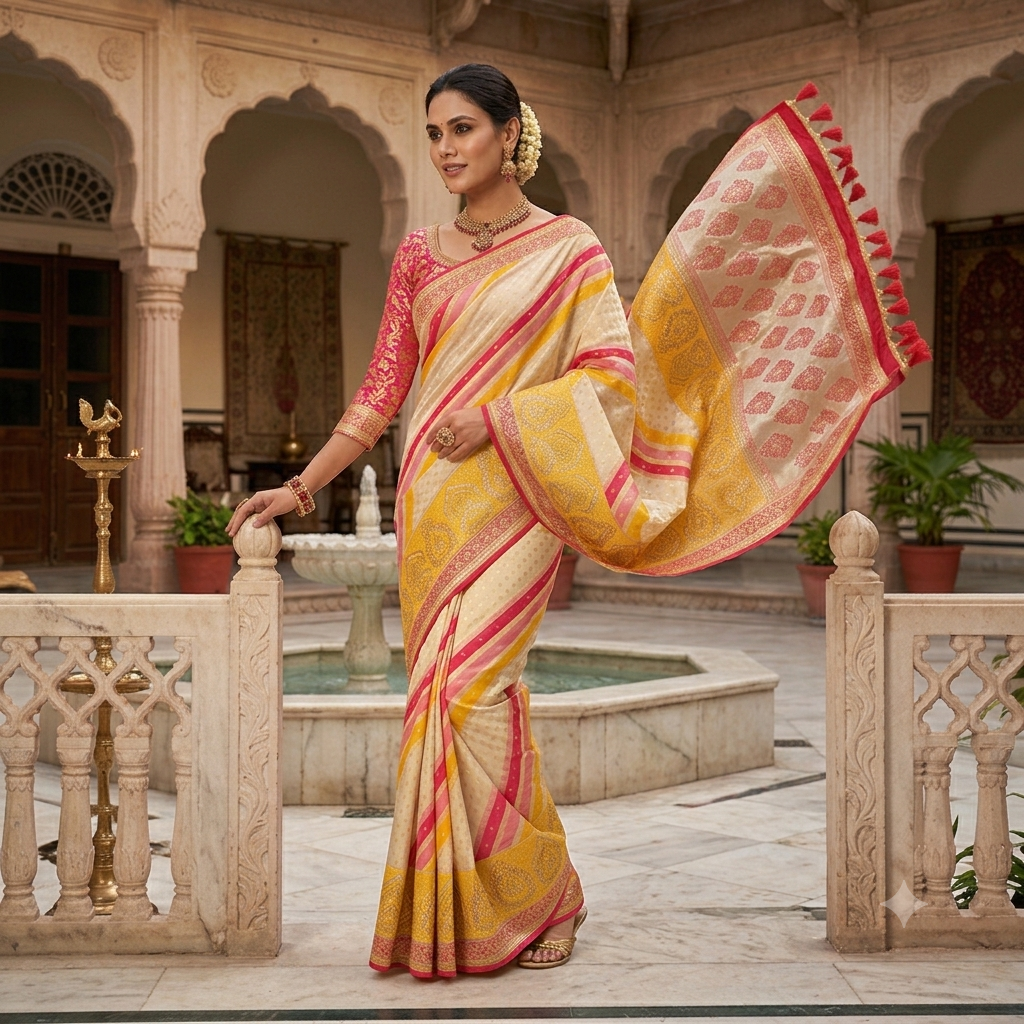 CREAM YELLOW+PINK LEHERIYA BANARASI SILK SAREE