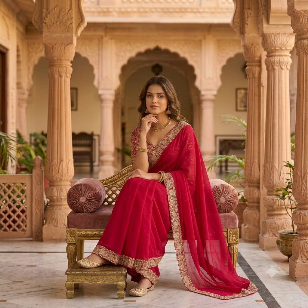 RANI PINK GEORGETTE SAREE WITH HEAVY GOLD FLORAL BORDER