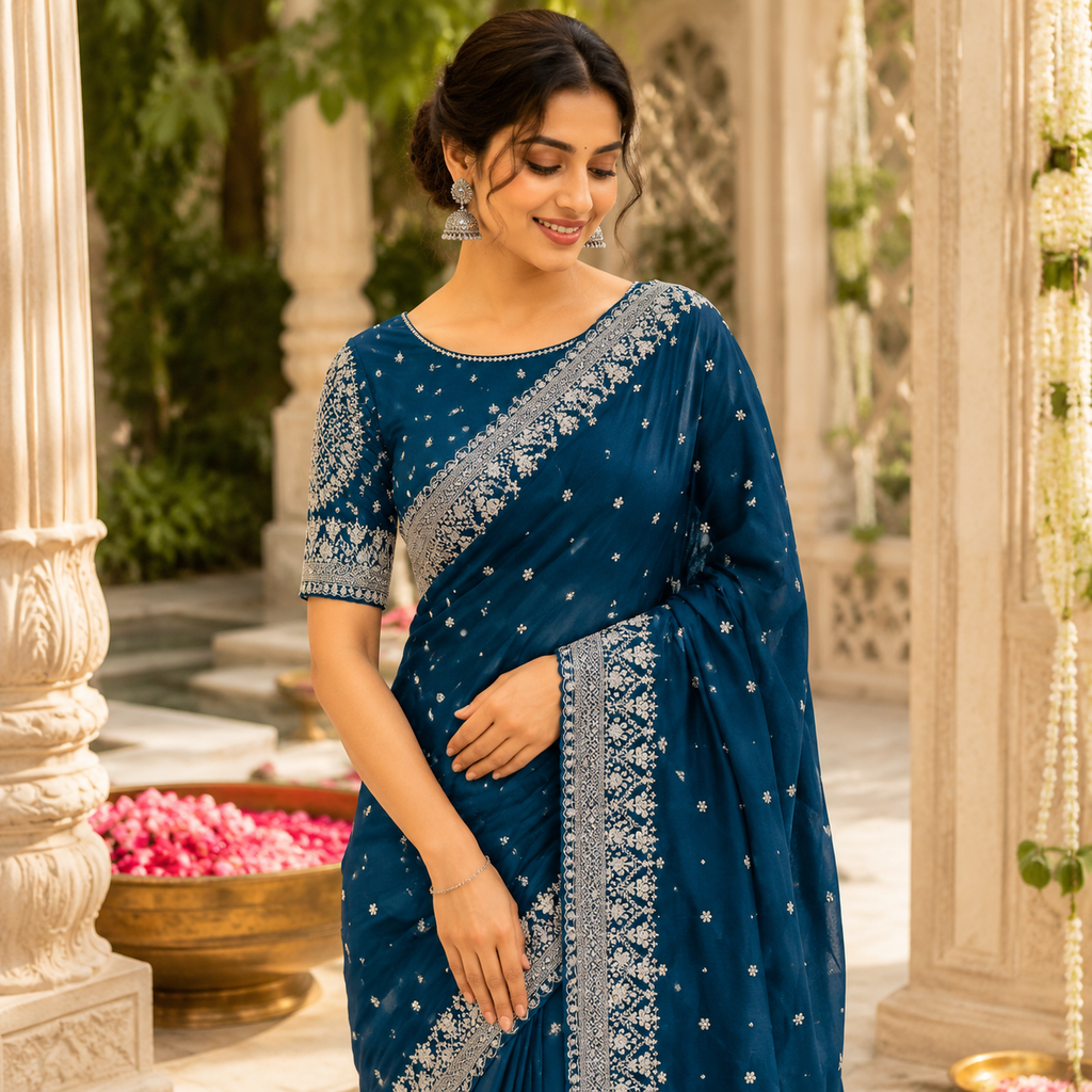 NAVY BLUE/PEACOCK BLUE GEORGETTE SAREE