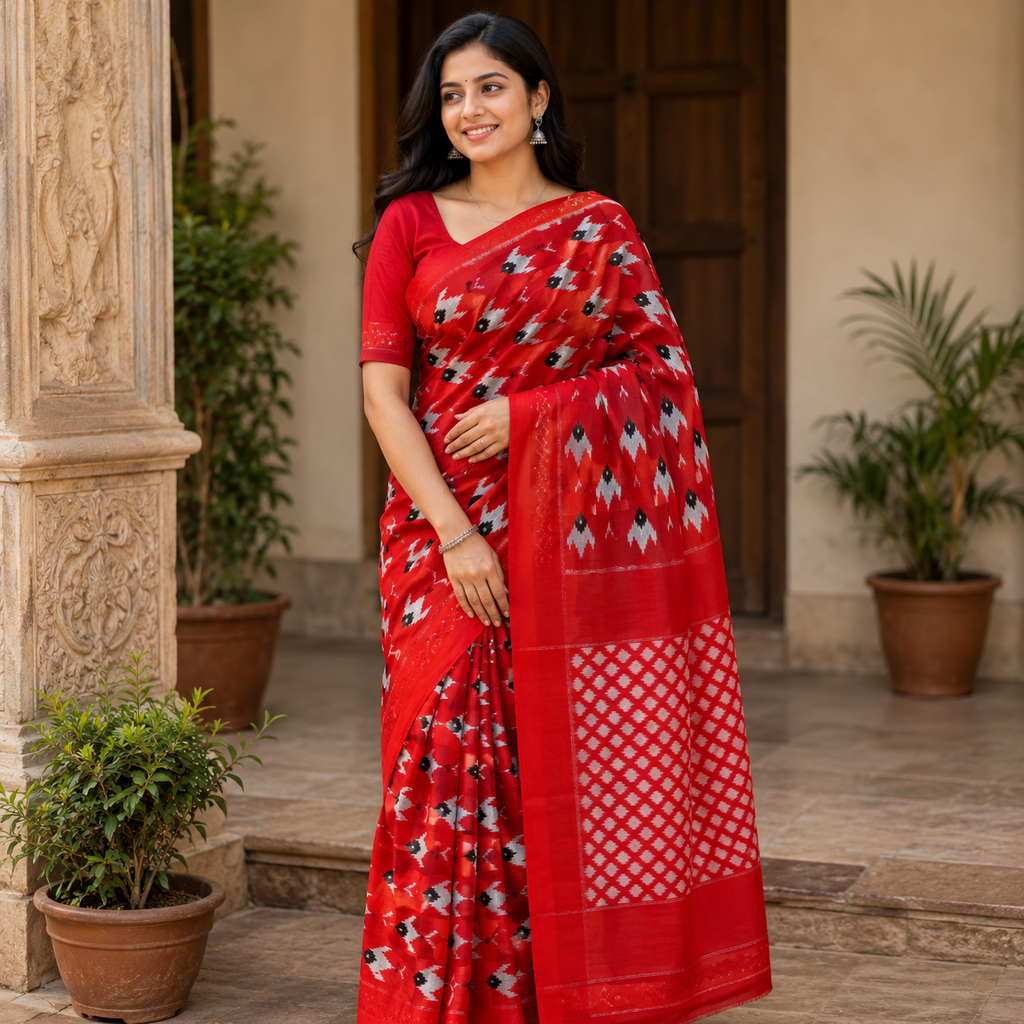 RED POCHAMPALLY SAMBALPURI HANDLOOM COTTON SAREE