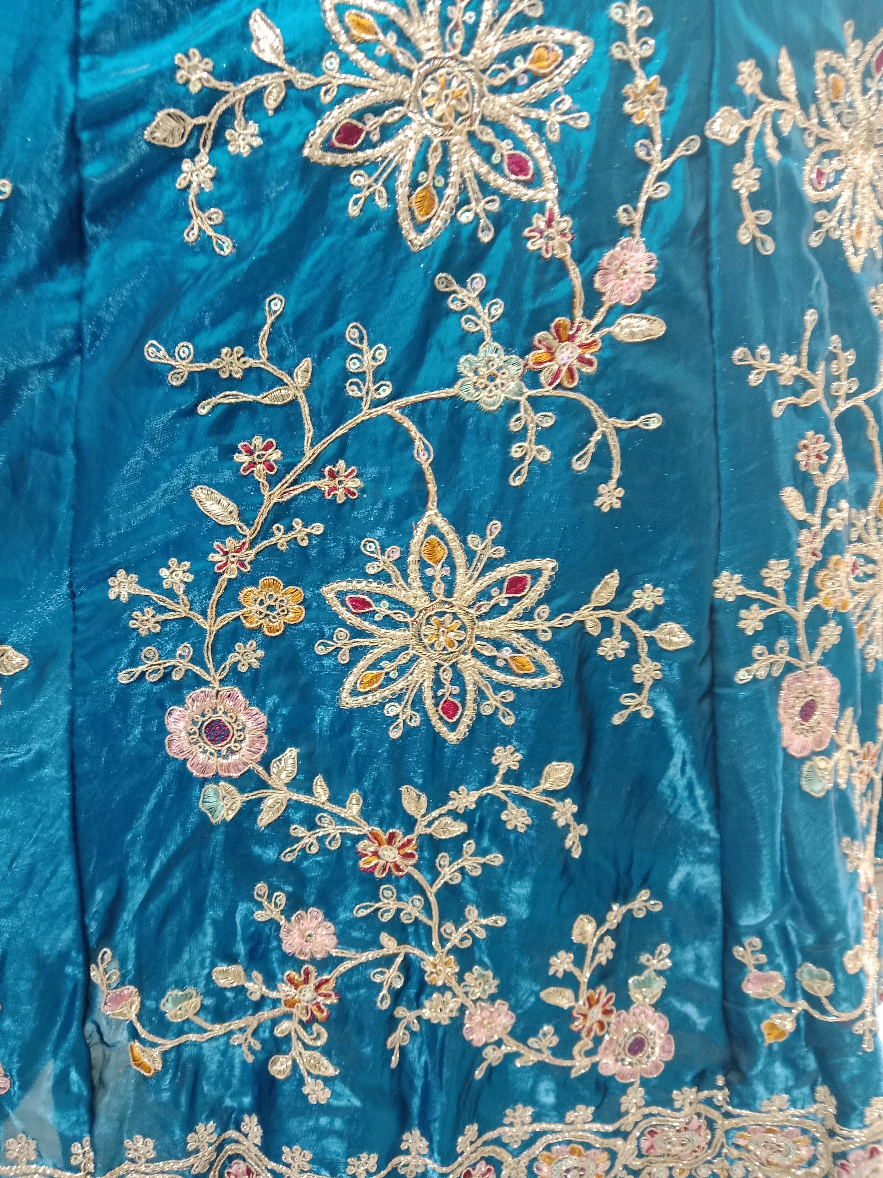 TEAL BLUE VELVET LEHENGA WITH GOLD+ PINK FLORAL EMBROIDERY