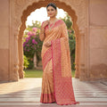 SANDALWOOD BANARASI SILK SAREE WITH CONTRAST RANI PINK