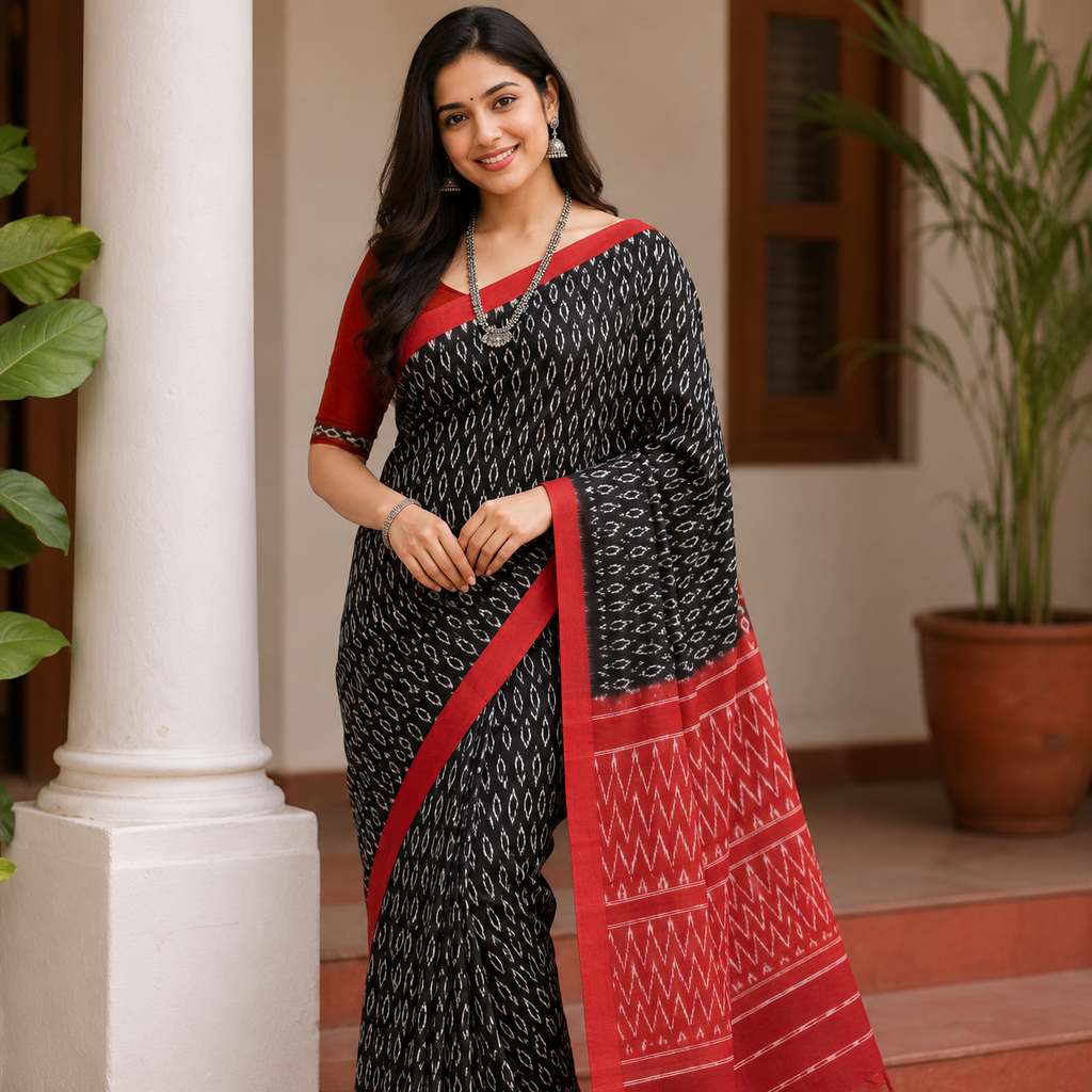 BLACK POCHAMPALLY IKAT COTTON SAMBALPURI HANDLOOM COTTON SAREE