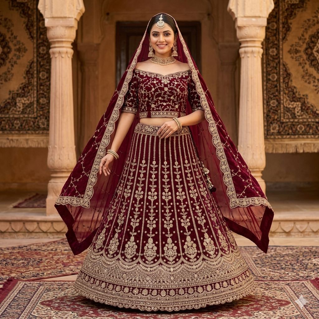 MAROON VELVET GULMOHAR LEHENGA