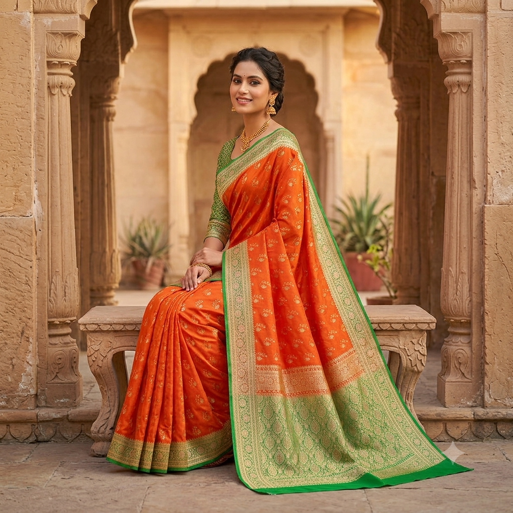 VIBRANT BURNT ORANGE BANARASI SILK SAREE