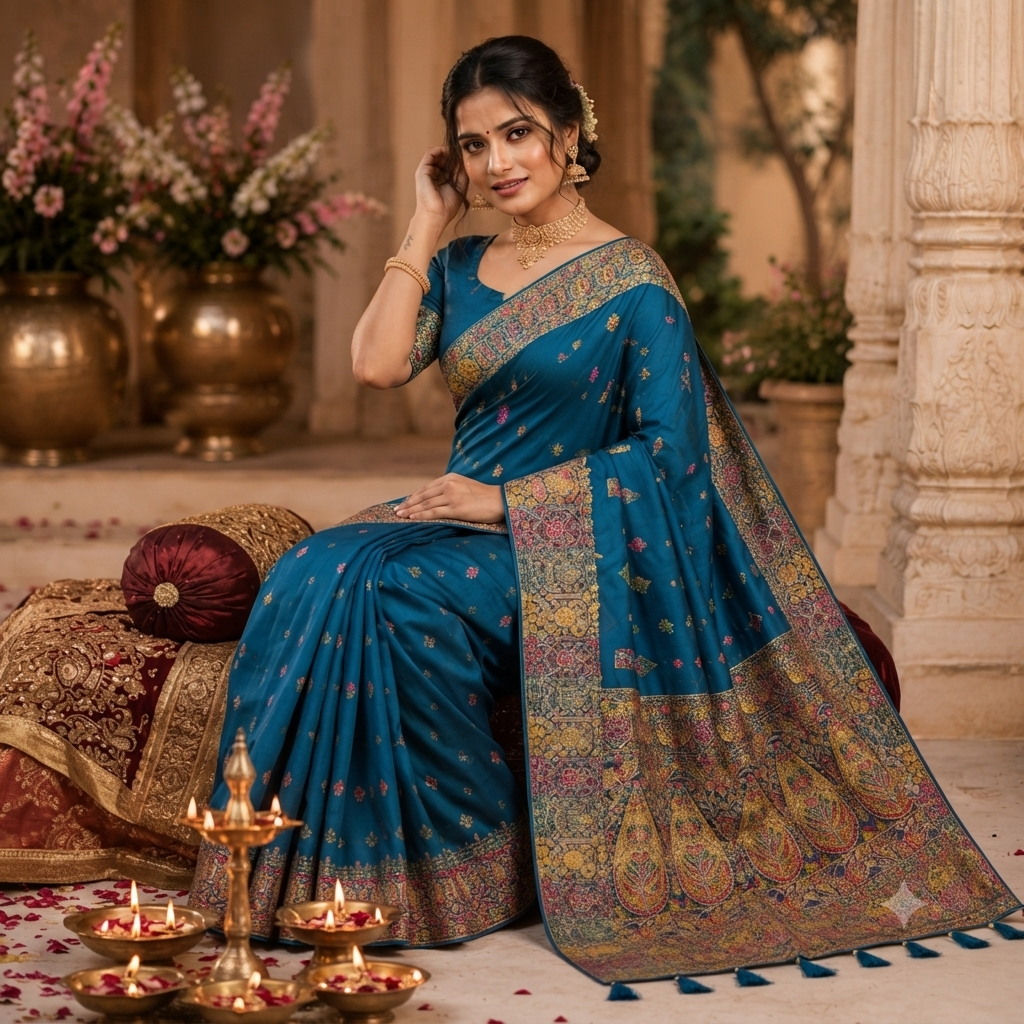 PEACOCK BLUE MULTICOLOUR BANARASI SILK SAREE