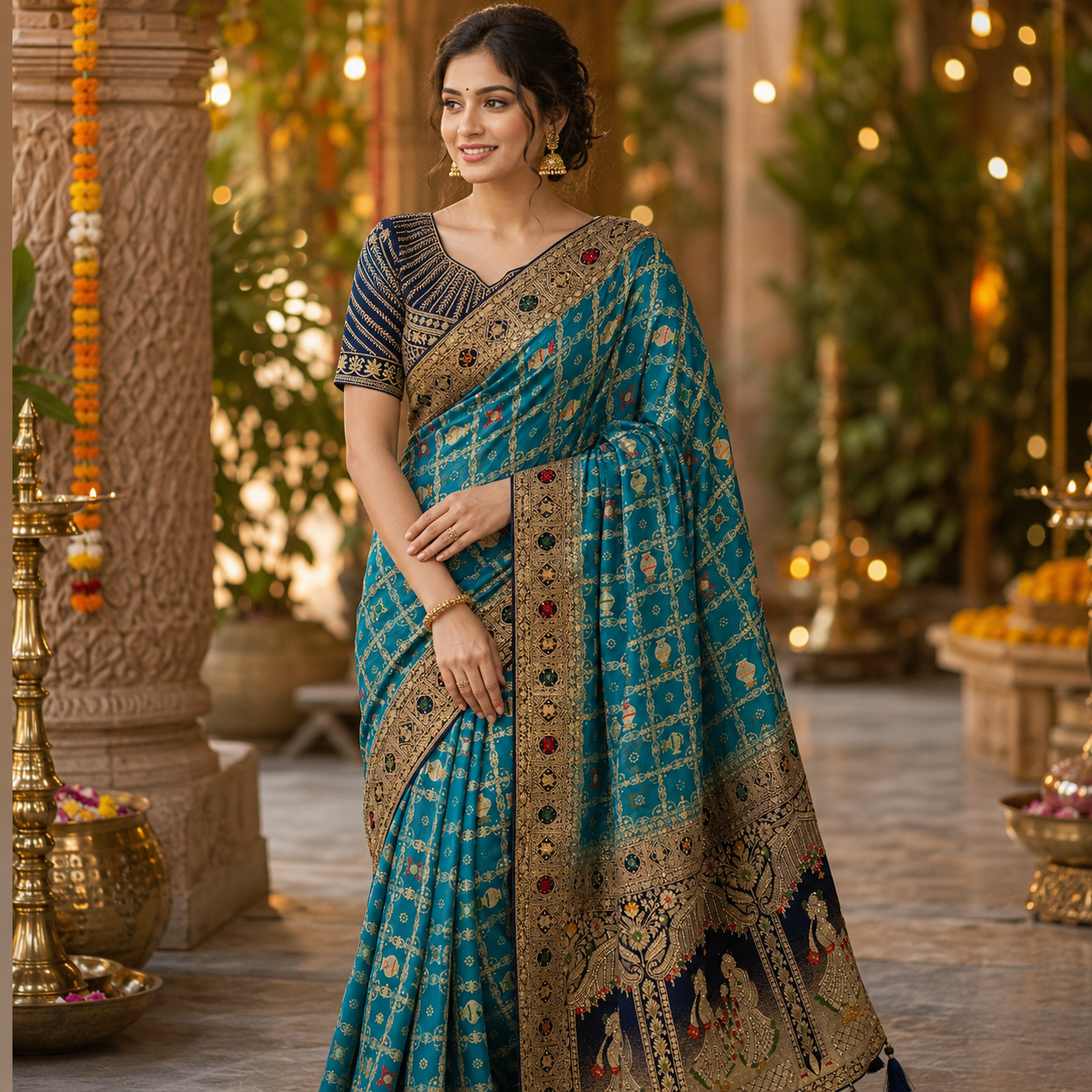 PEACOCK TEAL PATOLA INSPIRED BANARASI SILK SAREE