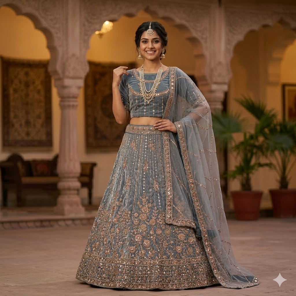 DUSTY BLUE ORGANZA LEHENGA