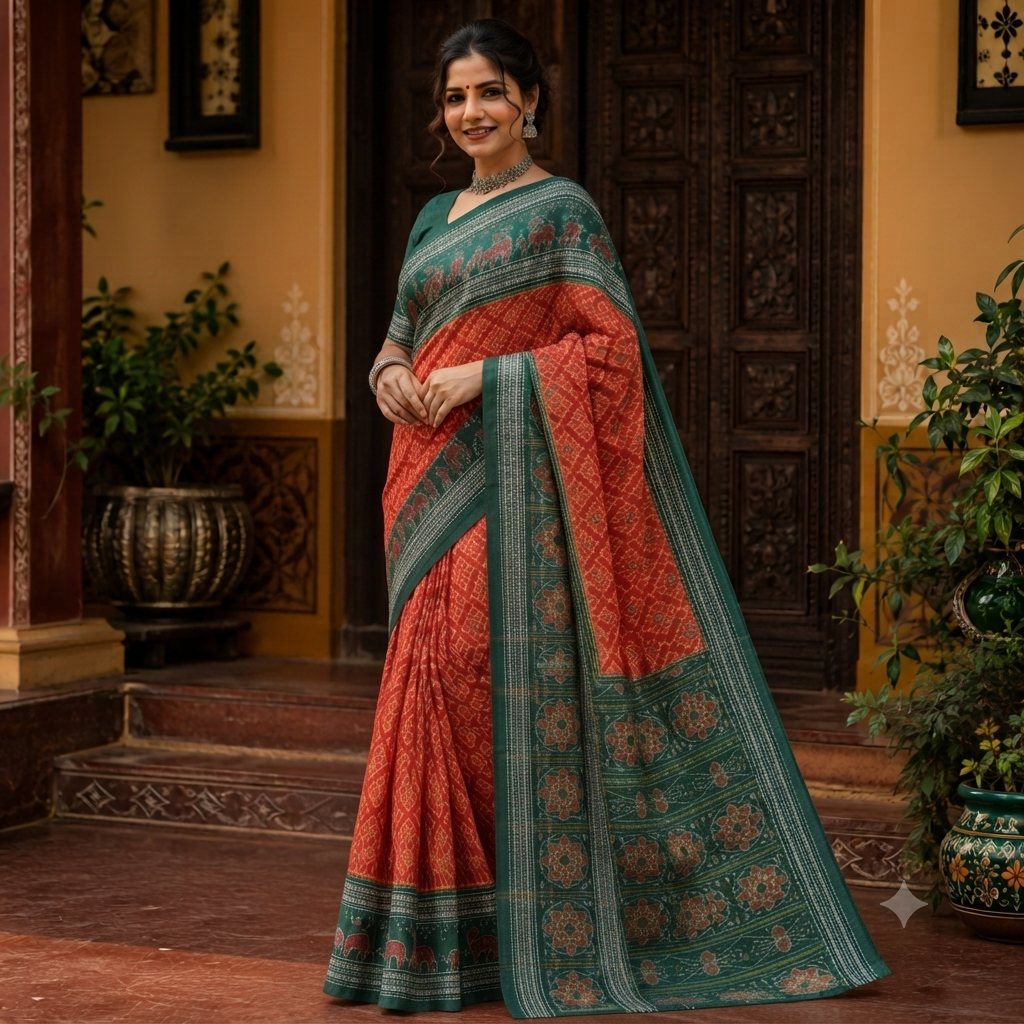 RUST ORANGE PATOLA PRINT SAMBALPURI HANDLOOM COTTON SAREE