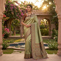 LIGHT OLIVE GREEN BANARASI SILK SAREE WITH MULTICOLOUR MEENAKARI BORDER
