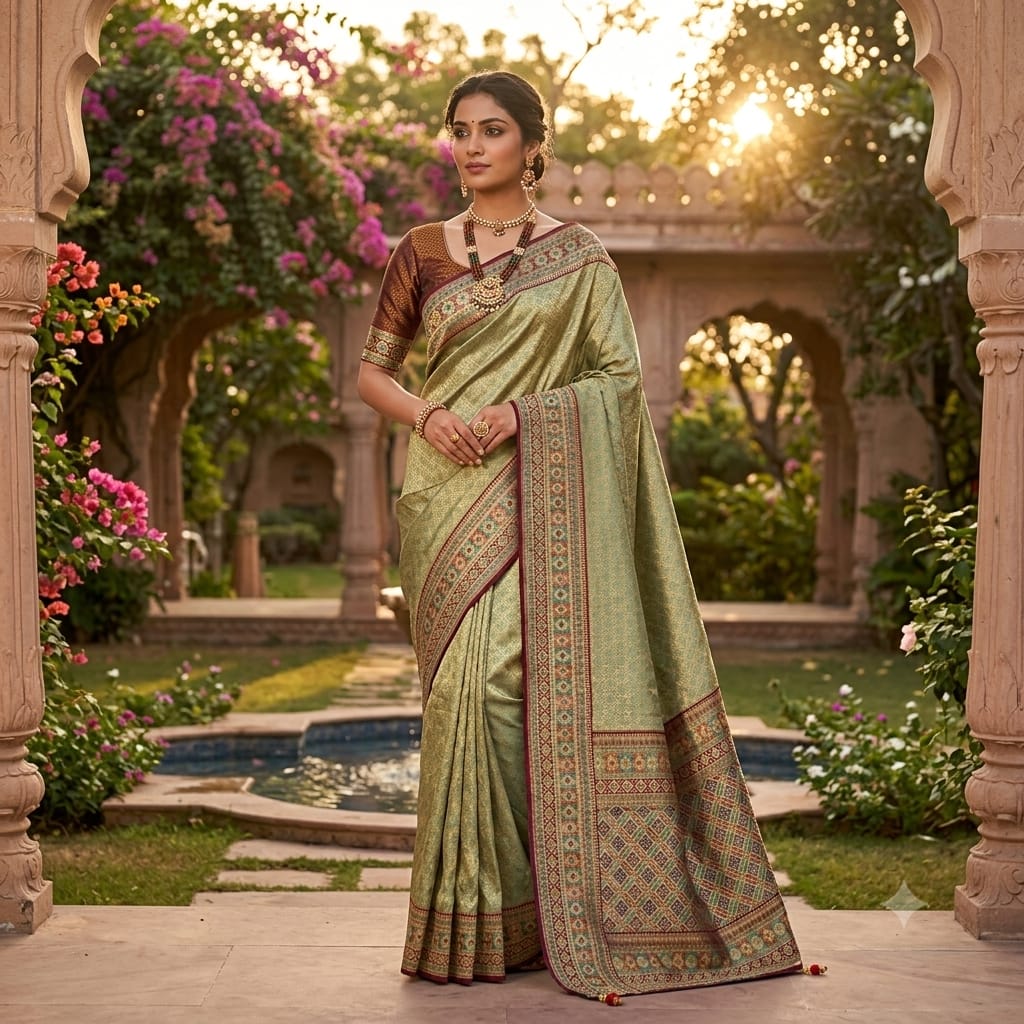 LIGHT OLIVE GREEN BANARASI SILK SAREE WITH MULTICOLOUR MEENAKARI BORDER