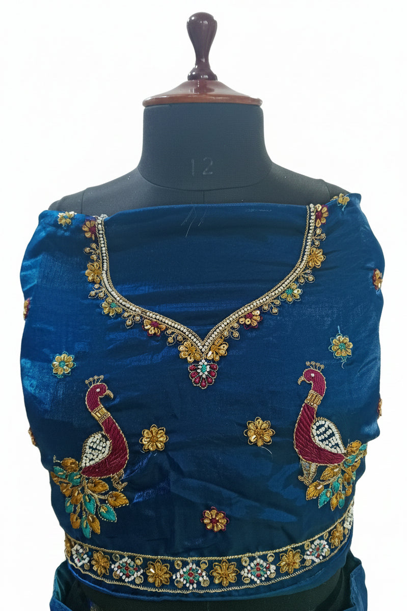 TEAL BLUE LEHENGA WITH PEACOCK+ FLORAL BORDER WORK