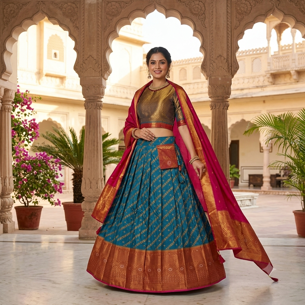 TEAL BLUE LEHENGA WITH GOLD ZARI  STRIPES WITH COPPER BROCADE BORDER