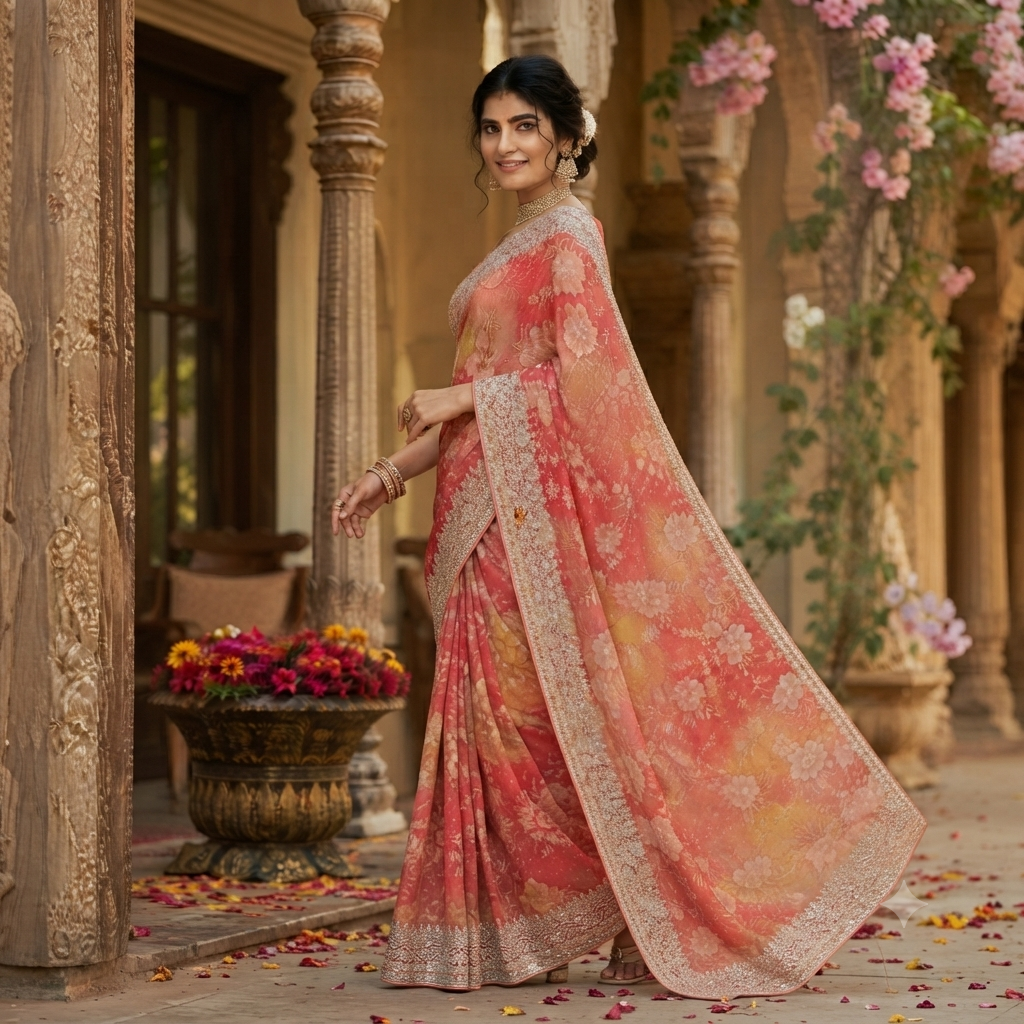CORAL PEACH FLORAL SAREE