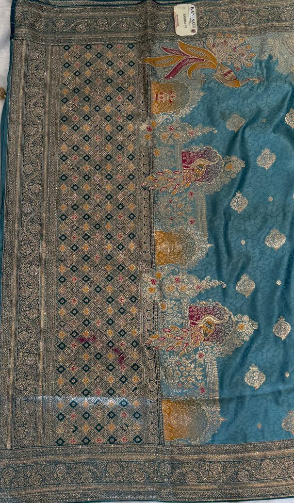 PEACOCK TEAL BANARASI SILK SAREE WITH GOLD BUTTAS
