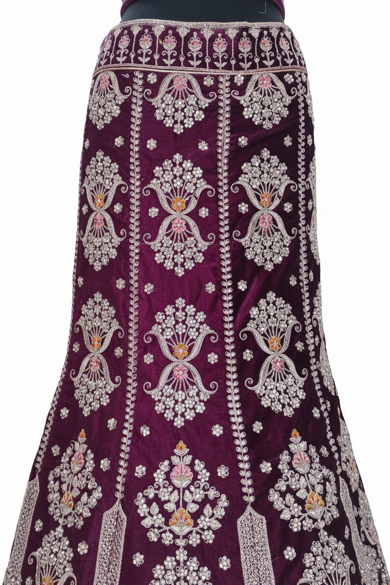 DEEP PLUM VELVET PARI LEHENGA