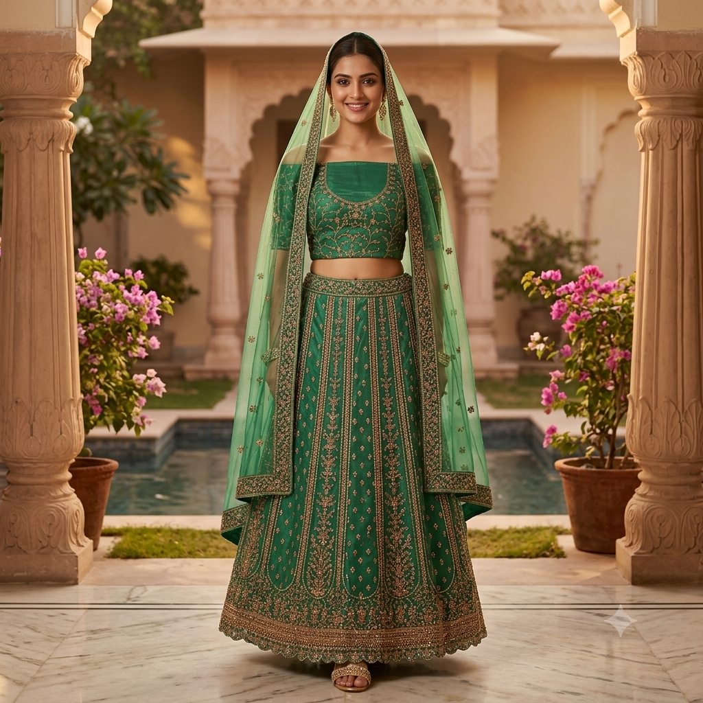 EMERALD GREEN LEHENGA WITH GOLD ZARI+THE SHEER DUPPATA