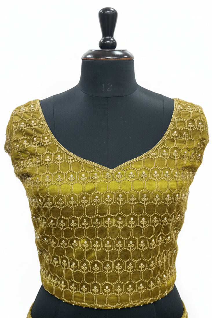OLIVE GREEN LEHENGA WITH ALL- OVER GOLD ZARI WORK