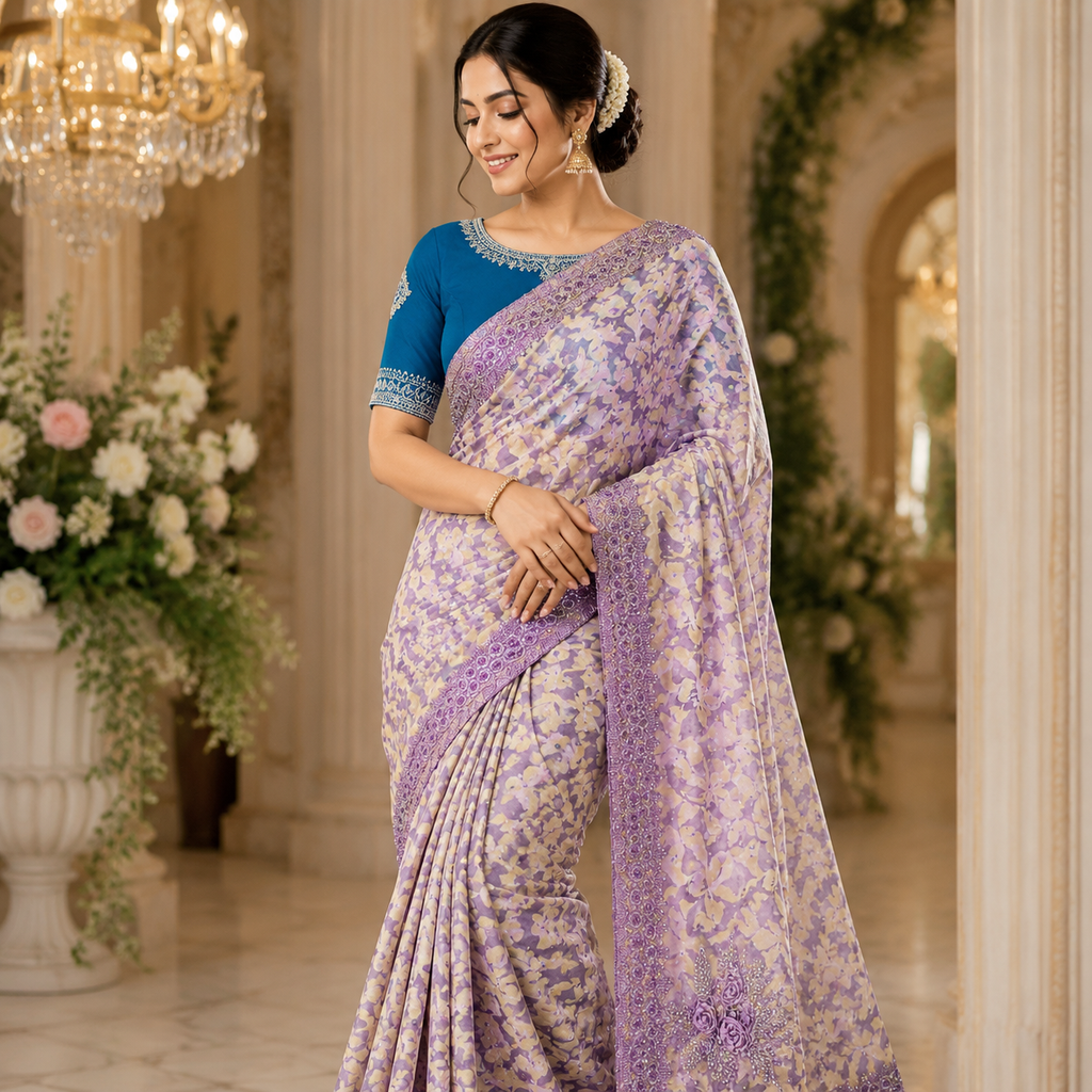 LAVENDER+BEIGE FLORAL PRINT ORGANZA/SATIN SAREE