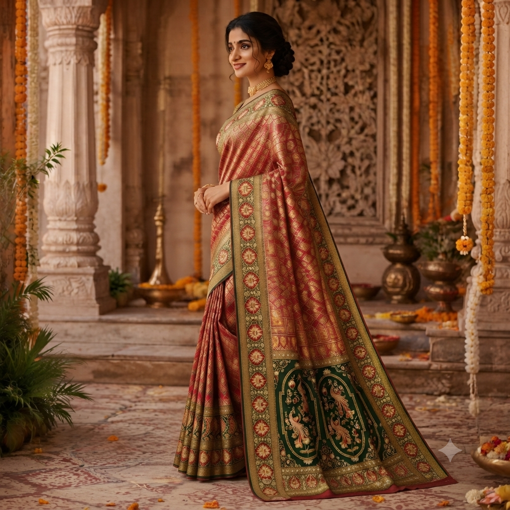 RED EMERALD GREEN BANARASI SILK SAREE