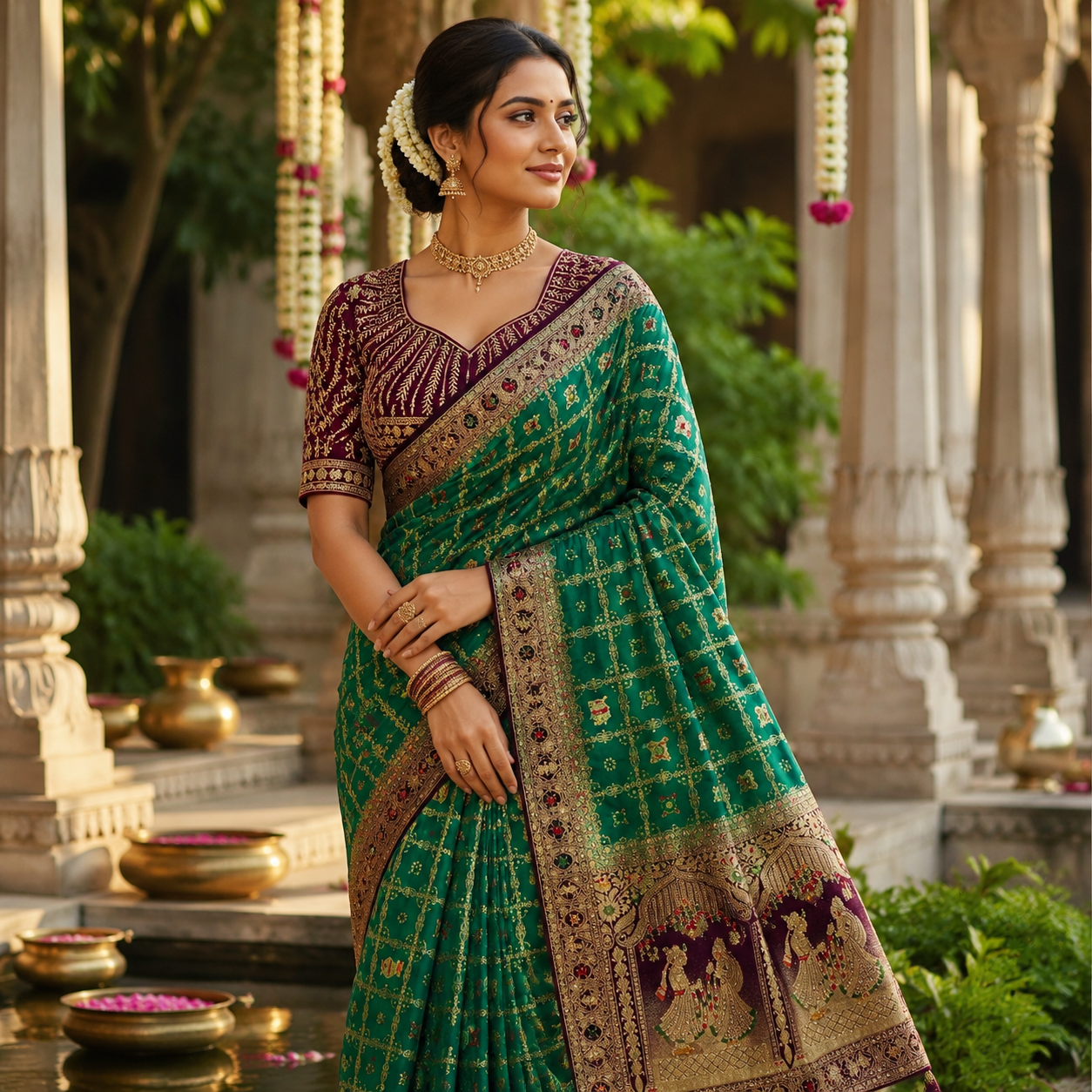 EMERALD GREEN PURPLE BANARASI SILK SAREE