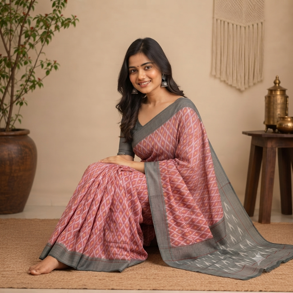ONION PINK IKAT PRINT SAMBALPURI HANDLOOM COTTON SAREE
