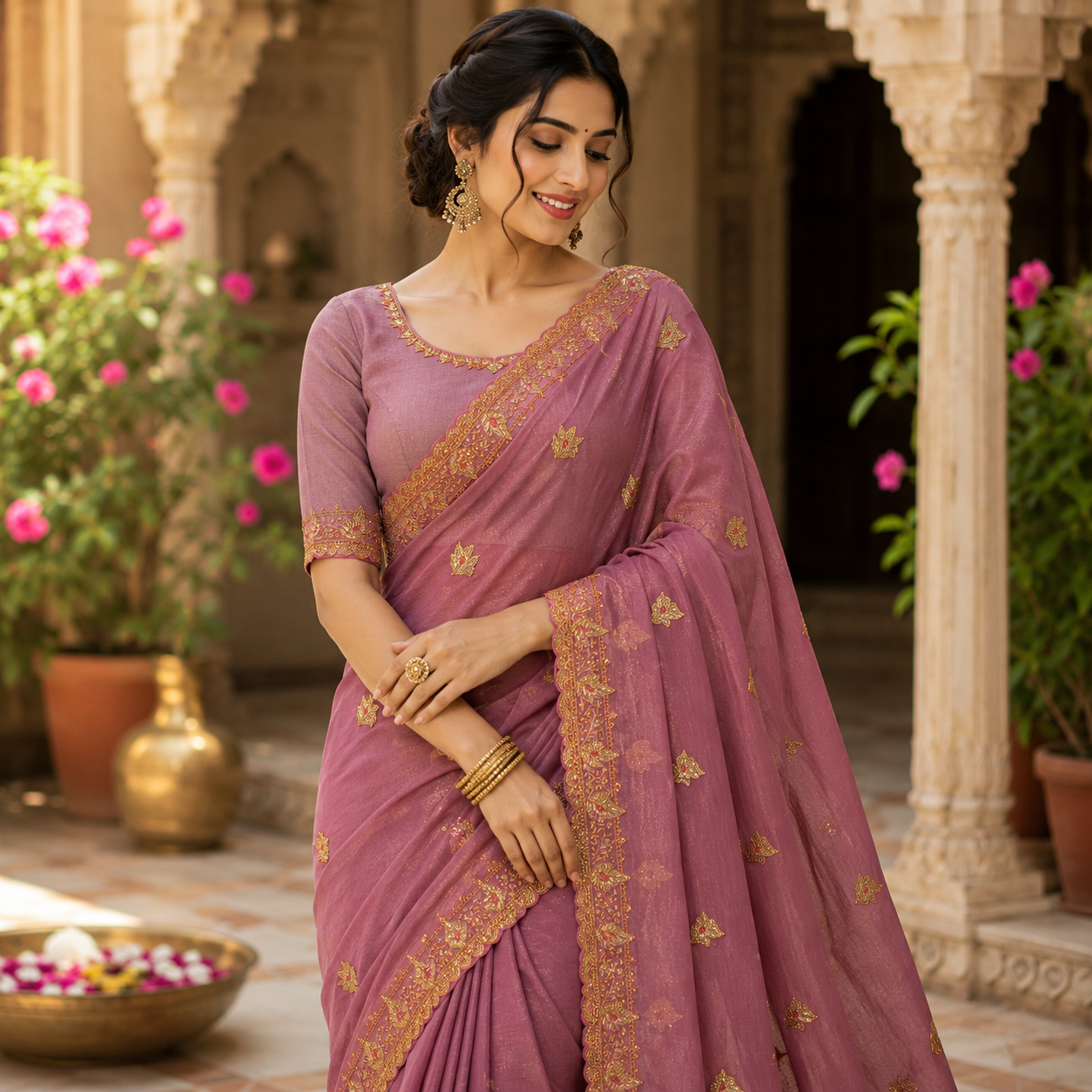 DUSTY MAUVE / ONION PINK GEORGETTE SAREE