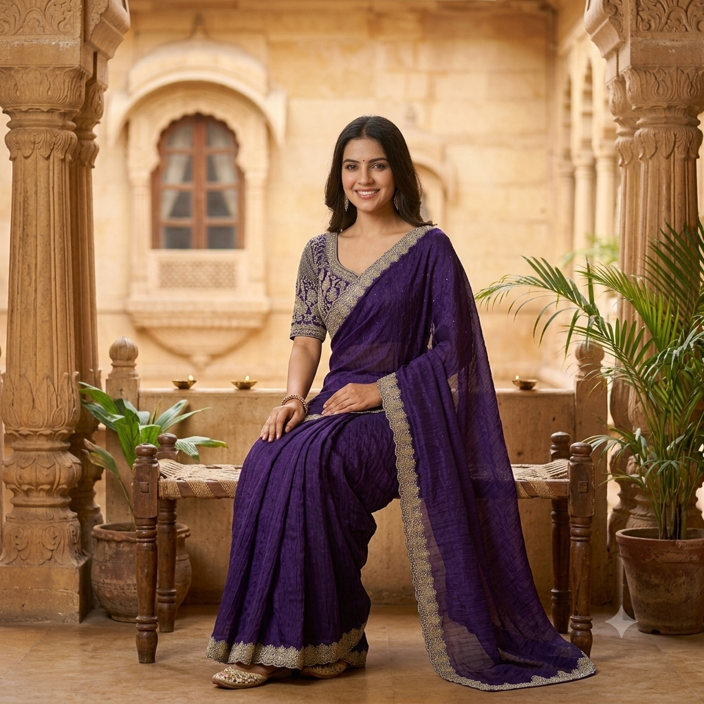 RICH VIOLET GEORGETTE SAREE WITH SILVER SCALLOP BORDER