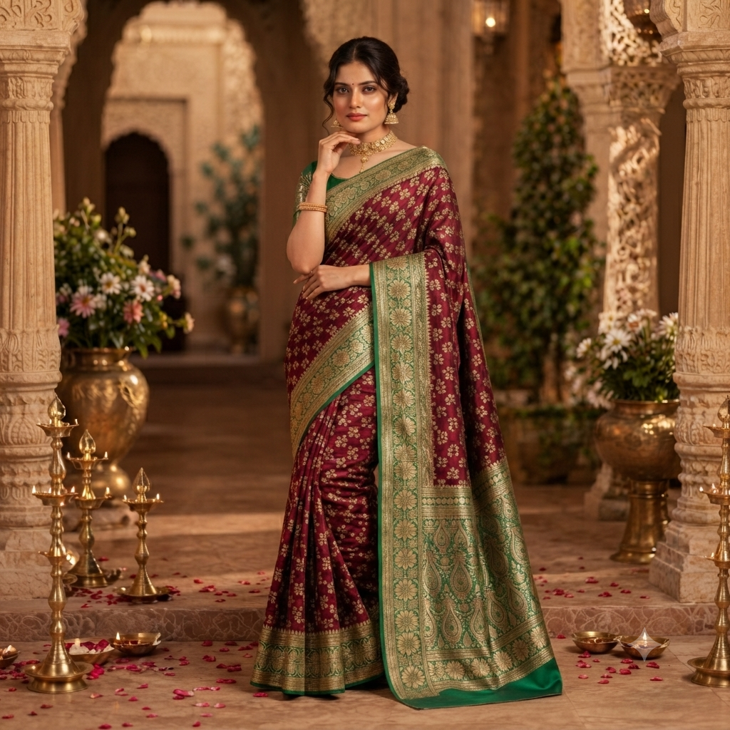 MAROON EMERALD GREEN BANARASI SILK SAREE