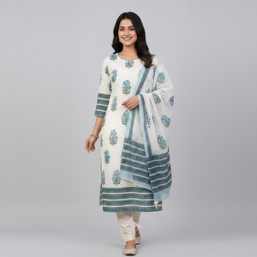 WHITE PURE MAL COTTON PRINTED KURTI SET