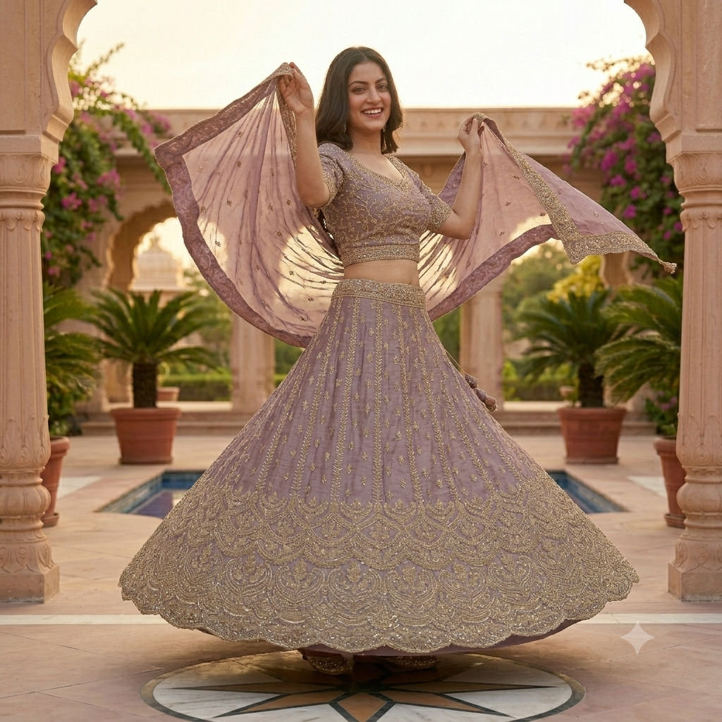 DUSTY LAVENDER LEHENGA WITH GOLD SCALLOP EMBROIDERY