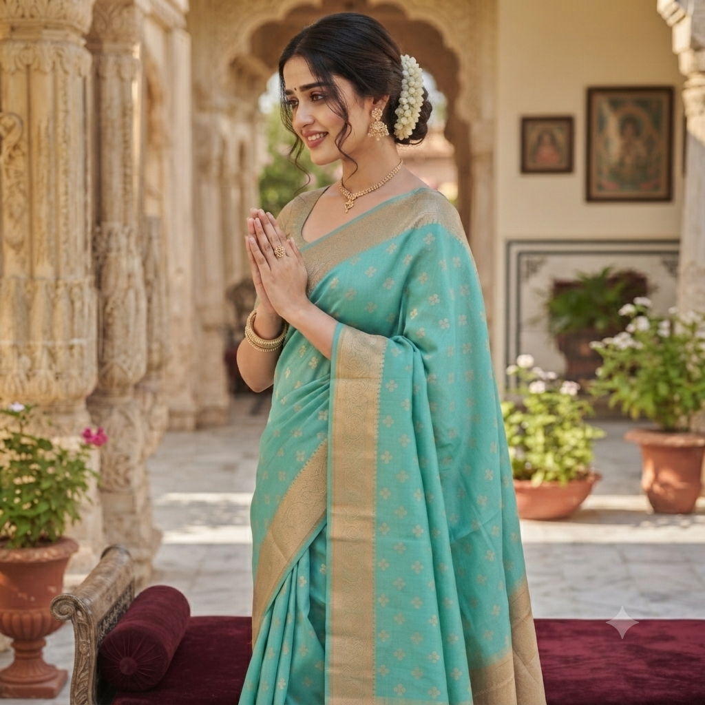 SEA GREEN BANARASI CHANDERI SILK SAREE WITH GOLD ZARI BORDER