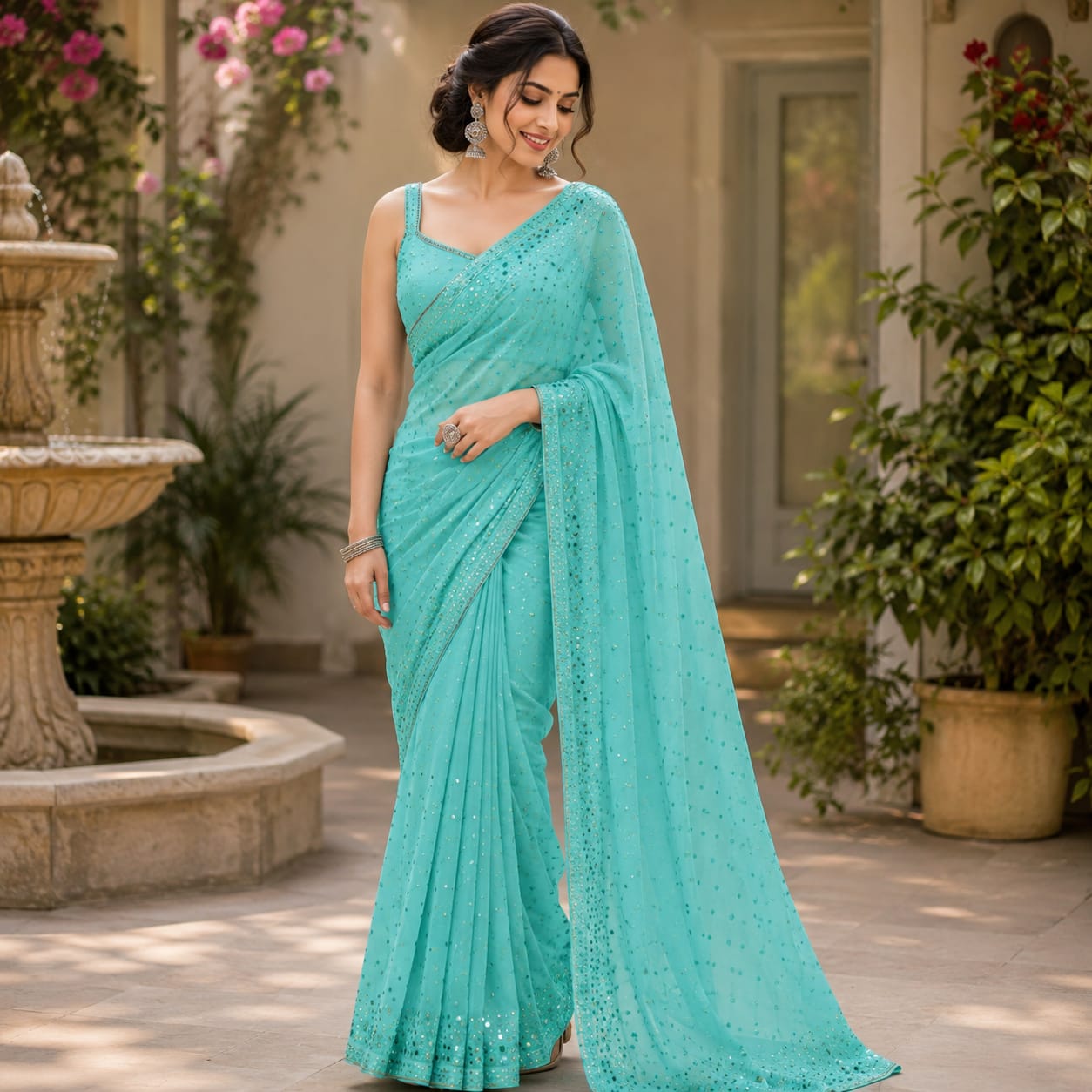 AQUA BLUE GEORGETTE SAREE WITH ALL- OVER SEQUIN WORK