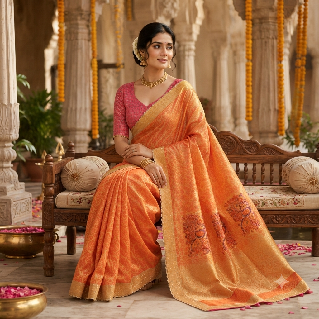 PEACH ORANGE PINK BANARASI SILK SAREE