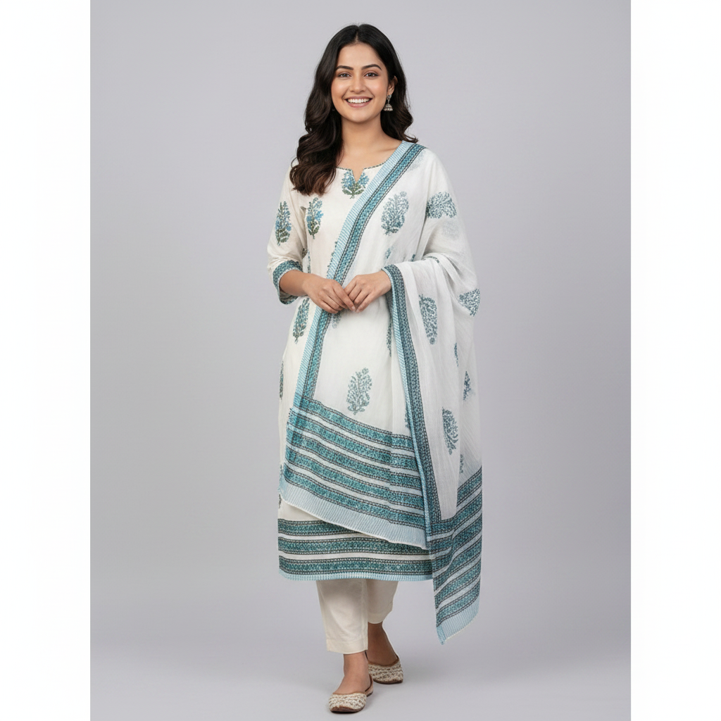 WHITE PURE MAL COTTON PRINTED KURTI SET