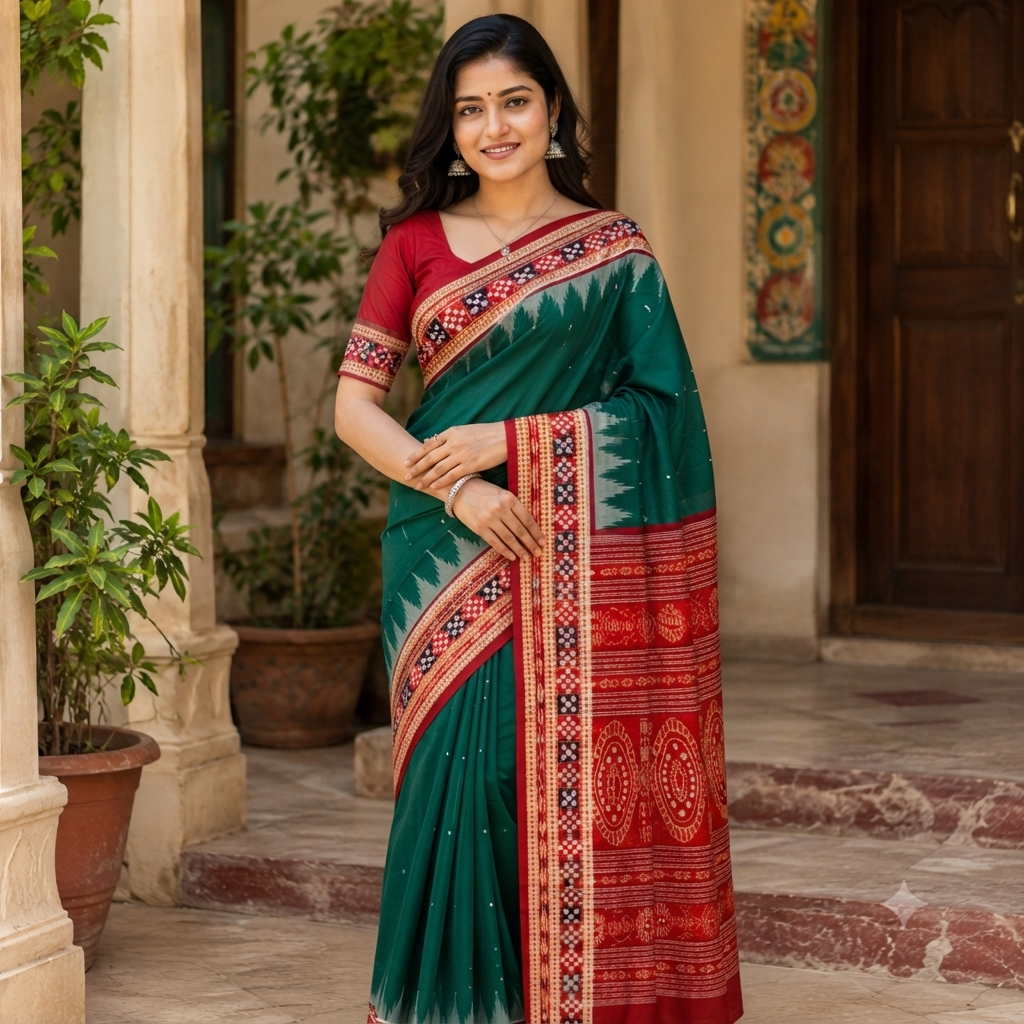 BOTTLE GREEN SAMBALPURI HANDLOOM COTTON SAREE