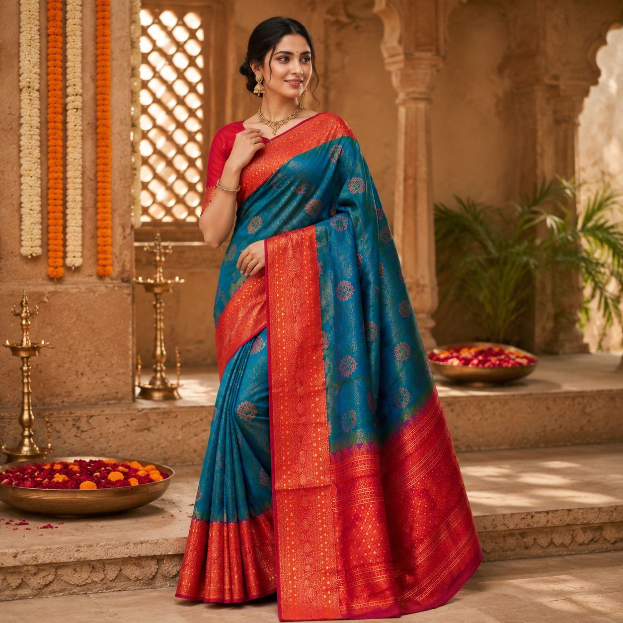 PEACOCK BLUE KUMKUM RED KANCHIPURAM SILK SAREE