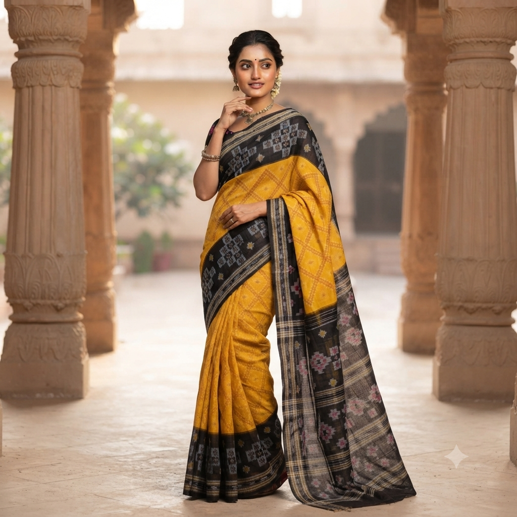 YELLOW BLACK PURE SAMBALPURI  HANDLOOM COTTON SAREE