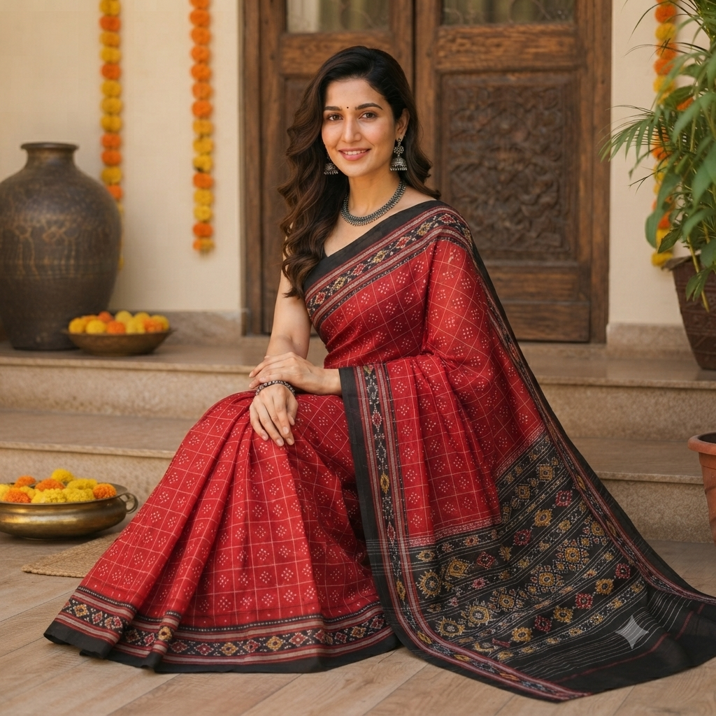 BRIGHT RED SAMBALPURI HANDLOOM COTTON SAREE