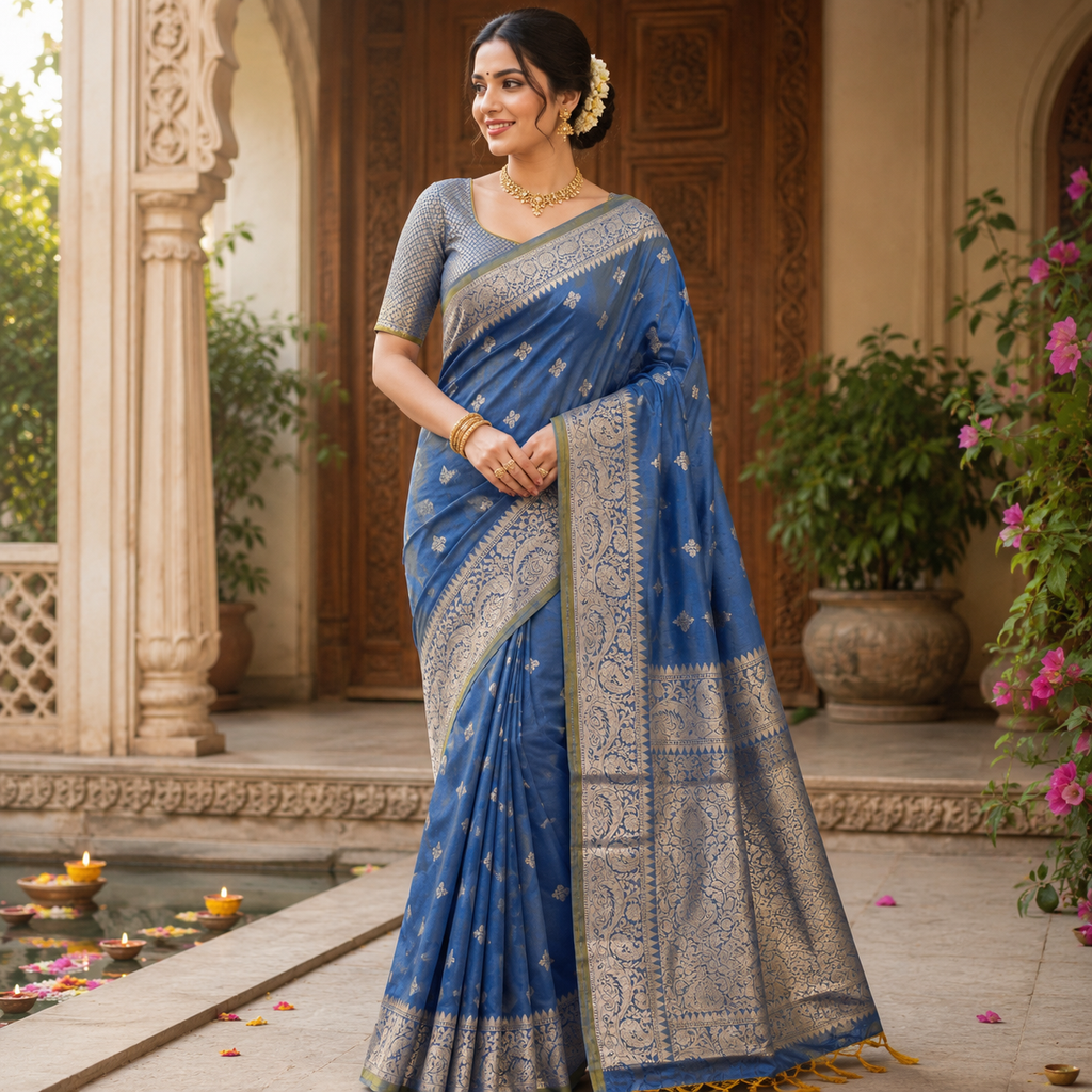 ROYAL BLUE BANARASI SILK SAREE WITH SILVER ZARI BORDER