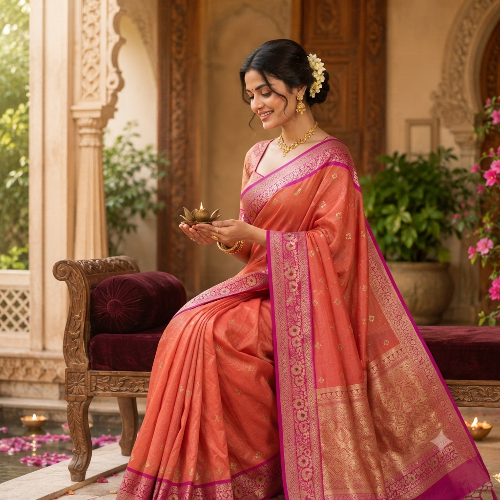 PEACH - CORAL BANARASI SILK SAREE WITH MAGENTA ZARI BORDER