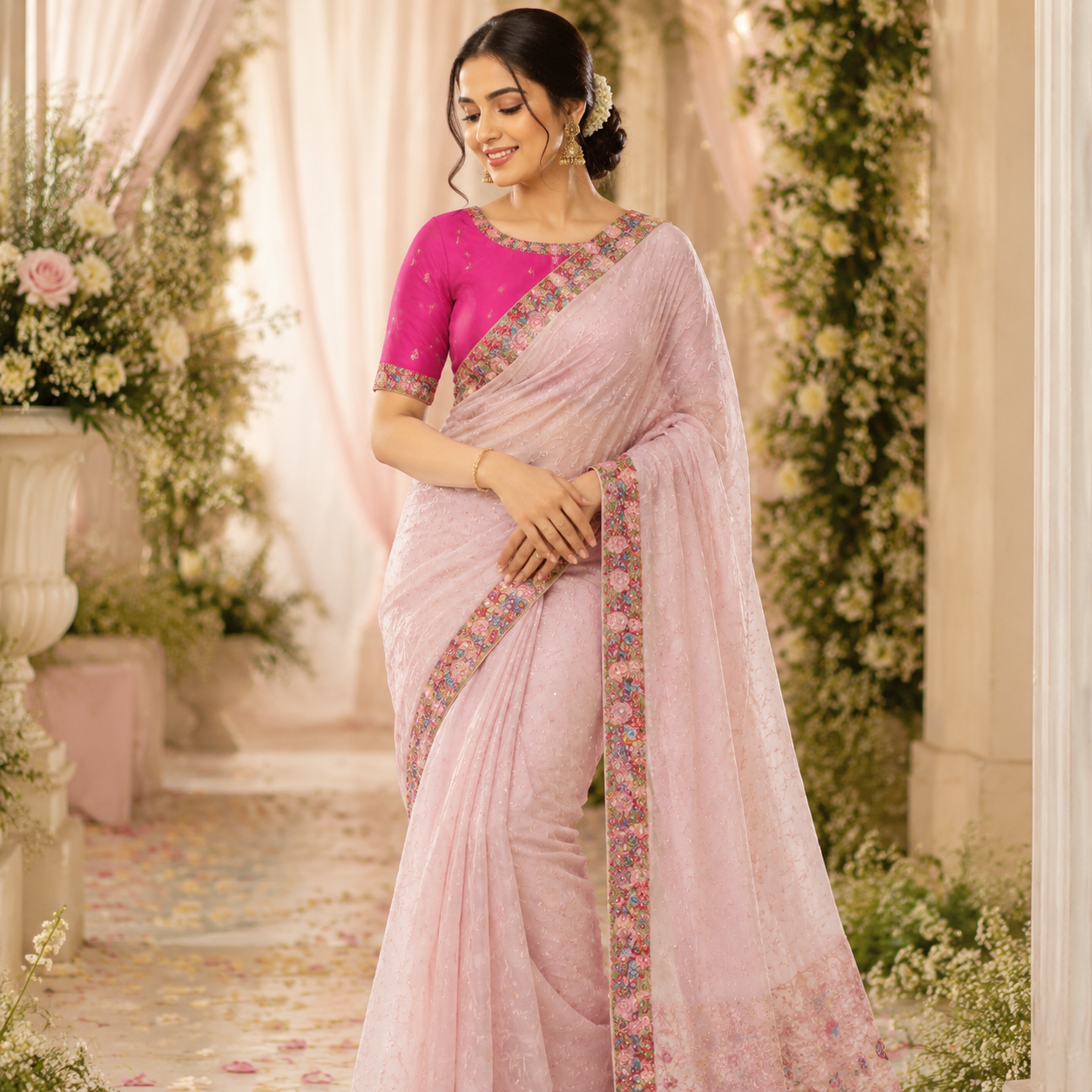BLUSH PINK CHIKANKARI/EMBROIDERED ORGANZA SAREE