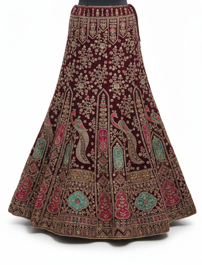 MAROON VELVET LEHENGA WITH HEAVY GOLD+ MULTICOLOR ZARDOZI WORK