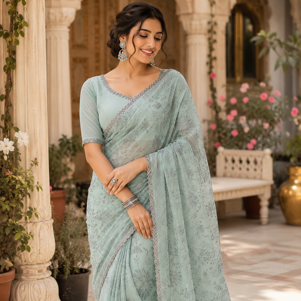 POWDER BLUE GREEN ORGANZA TISSUE SAREE