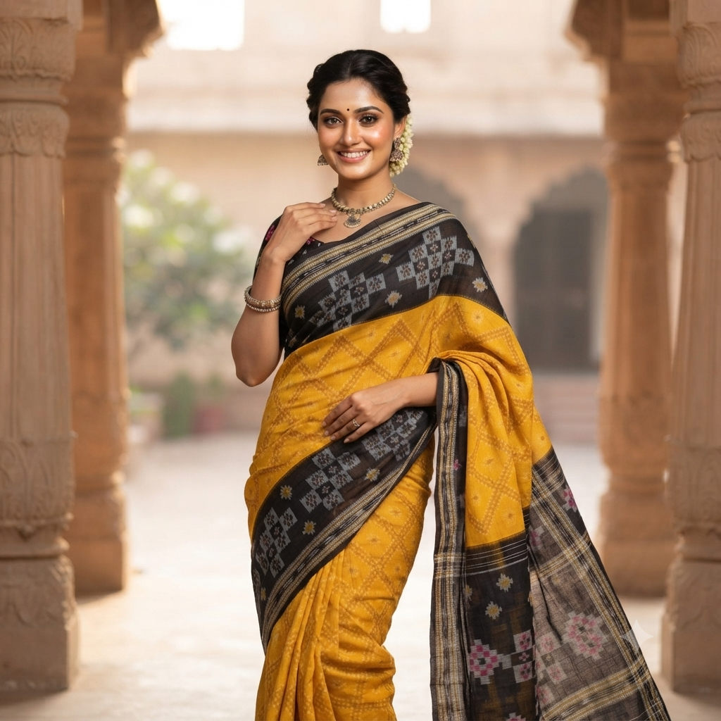 YELLOW BLACK PURE SAMBALPURI  HANDLOOM COTTON SAREE